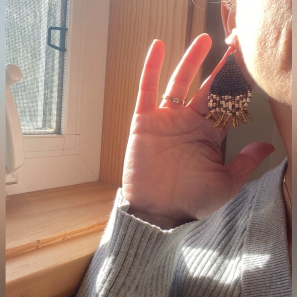 Handmade Beaded Earrings with little leather detail - Picture 4 of 4
